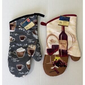 Home Collection Oven Mitts Set of 2 Coffee & Wine Theme 7x13 Inch